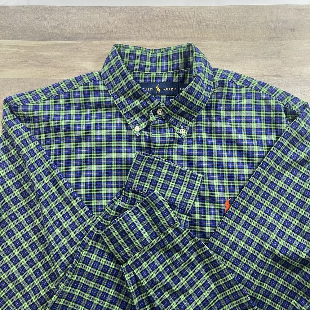 Ralph Lauren Men's Large Long Sleeve Green Blue Checkered Button Down Shirt